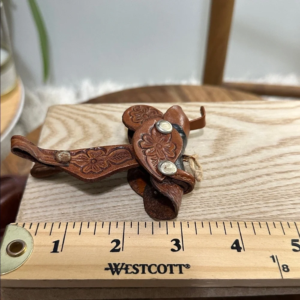 Western Brown‎ Tooled Leather Cowboy Hat & Saddle Christmas Ornaments Set Of 2